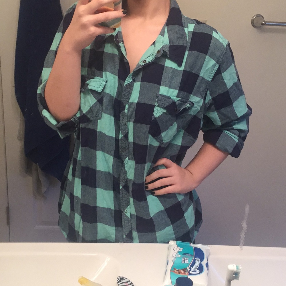 Mint green plaid flannel button down